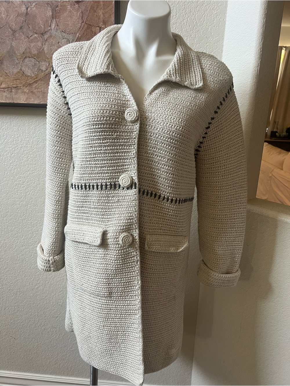 Odd Molly Cream Crochet Button-Front Women's Sweater Coat GUC Large